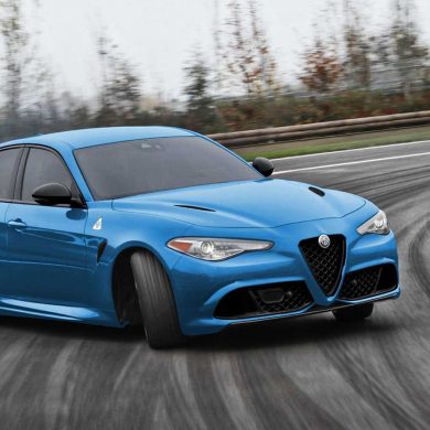 2022 blue Alfa Romeo Giulia on race track