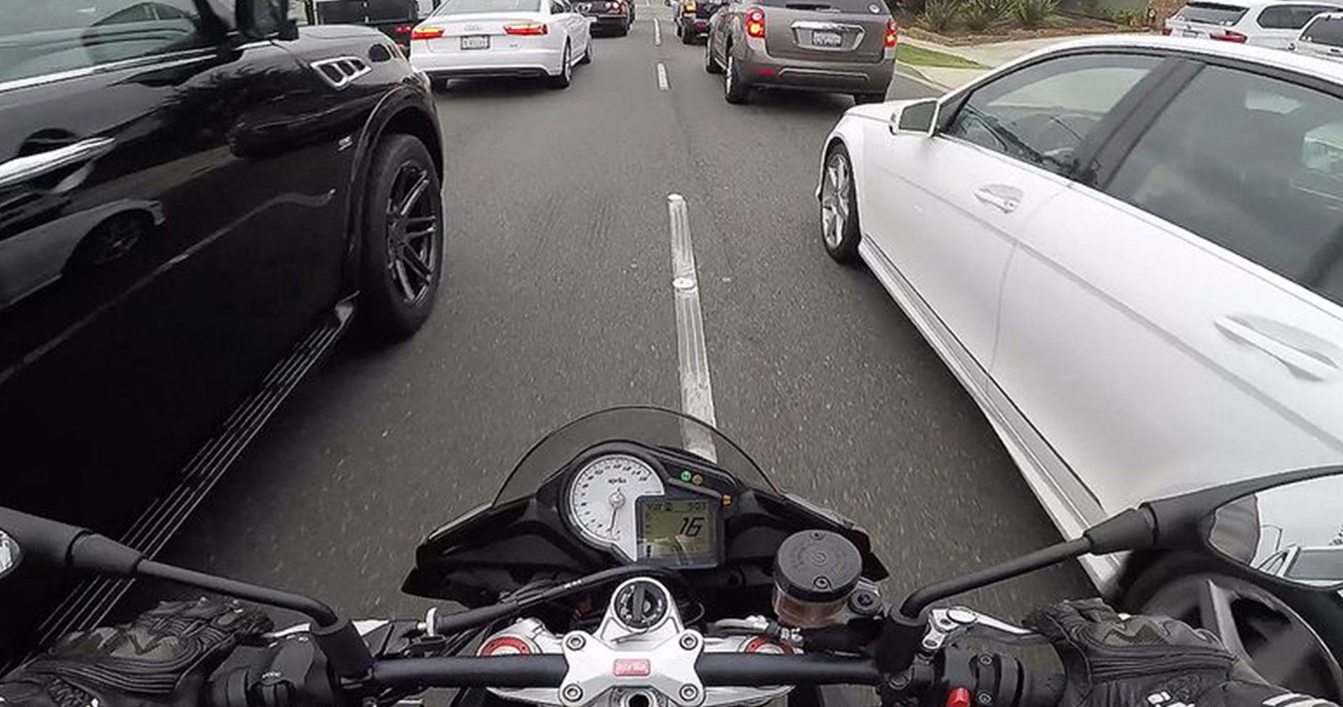 POV of motorcyclist filtering lanes