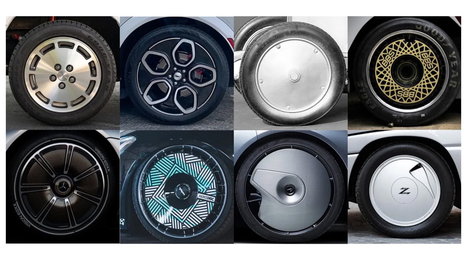Collage of different rim designs for wheels