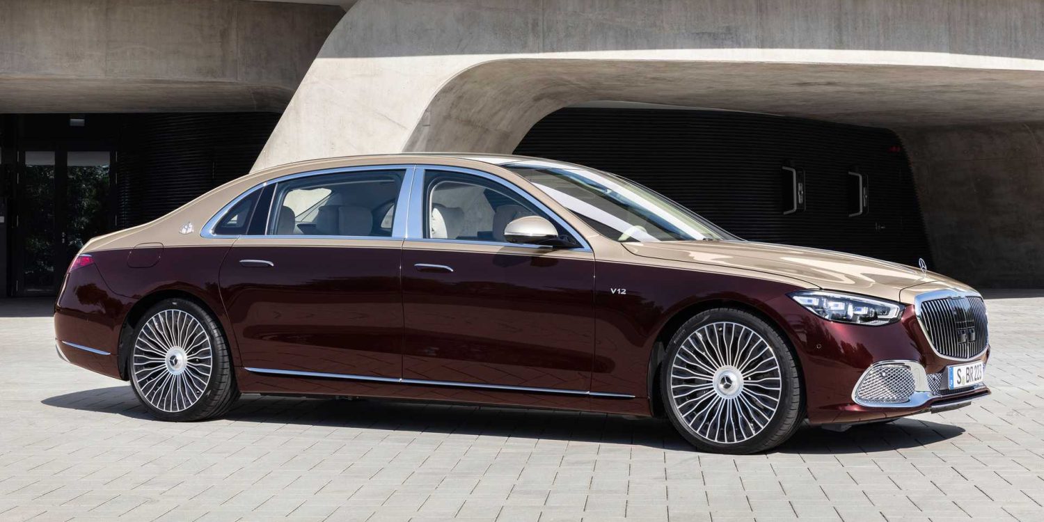 image showing the side profile of a two-tone (red & brown) Mercedes-Maybach S680