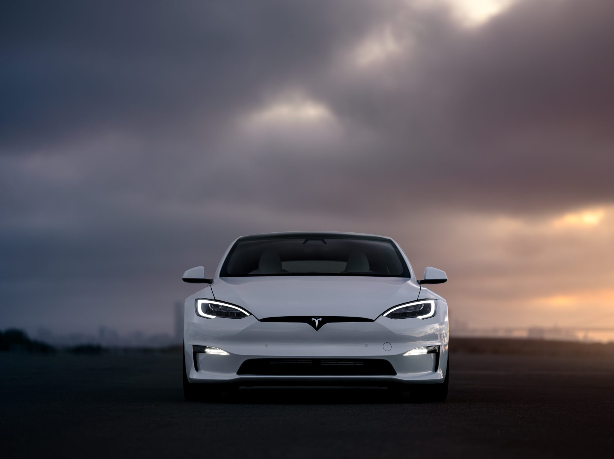 Front view of a 2023 white Tesla Model S