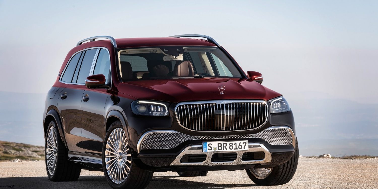 Front angled view of a two tone Mercedes Maybach GLS600