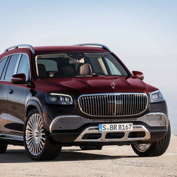 Front angled view of a two tone Mercedes Maybach GLS600