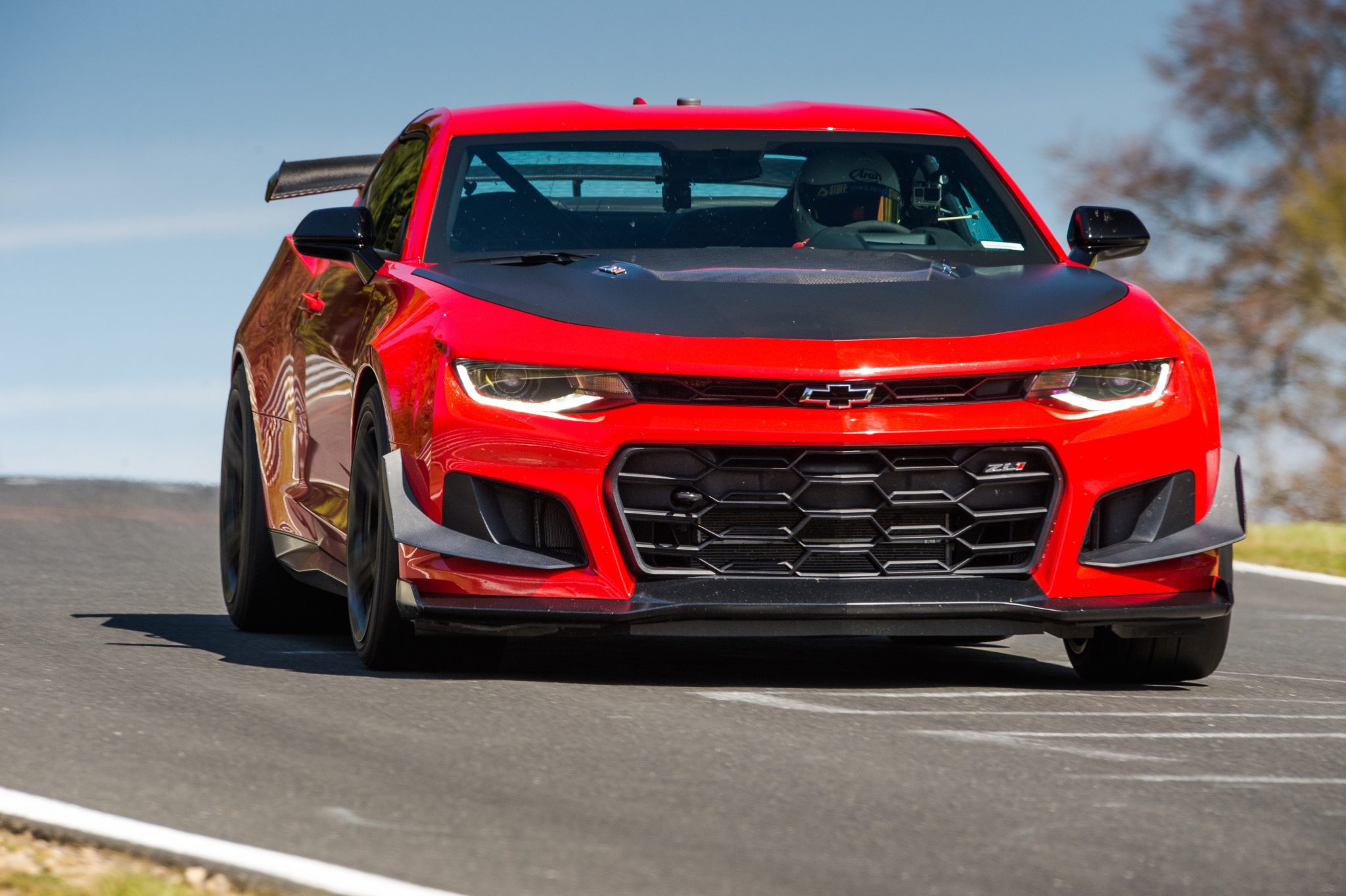 Front view a 2023 red Camaro ZL1