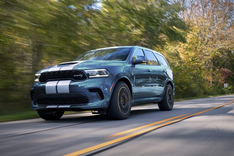Three-quarter front view of a 2023 blue Dodge Durango SRT Hellcat