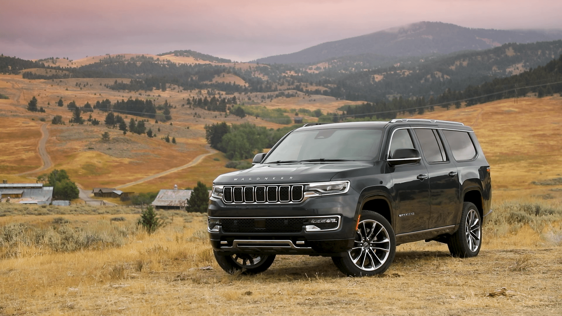 Three-quarter front view of a 2023 black Jeep Wagoneer 