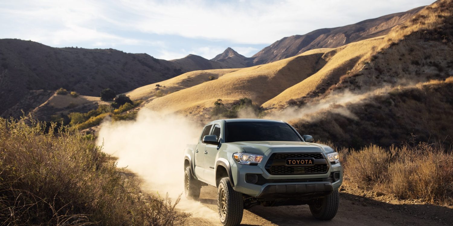 Front view of a 2023 blue Toyota Tacoma