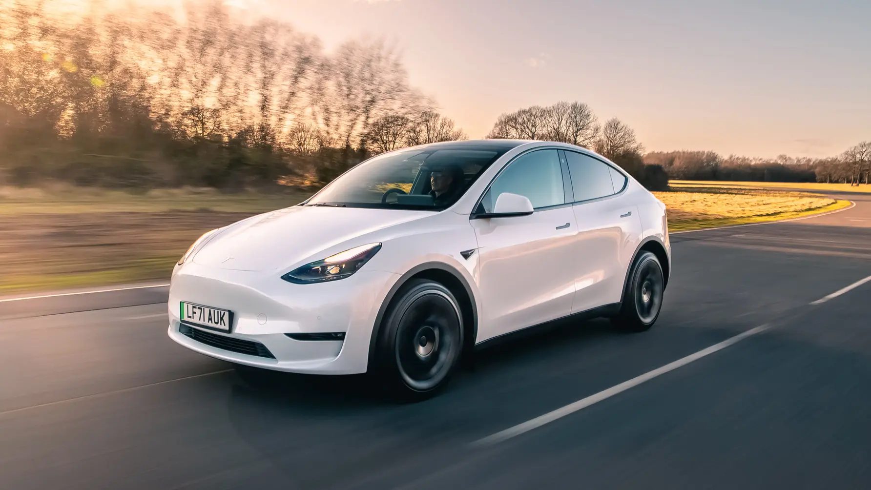 Front angled view of a white Tesla Model Y