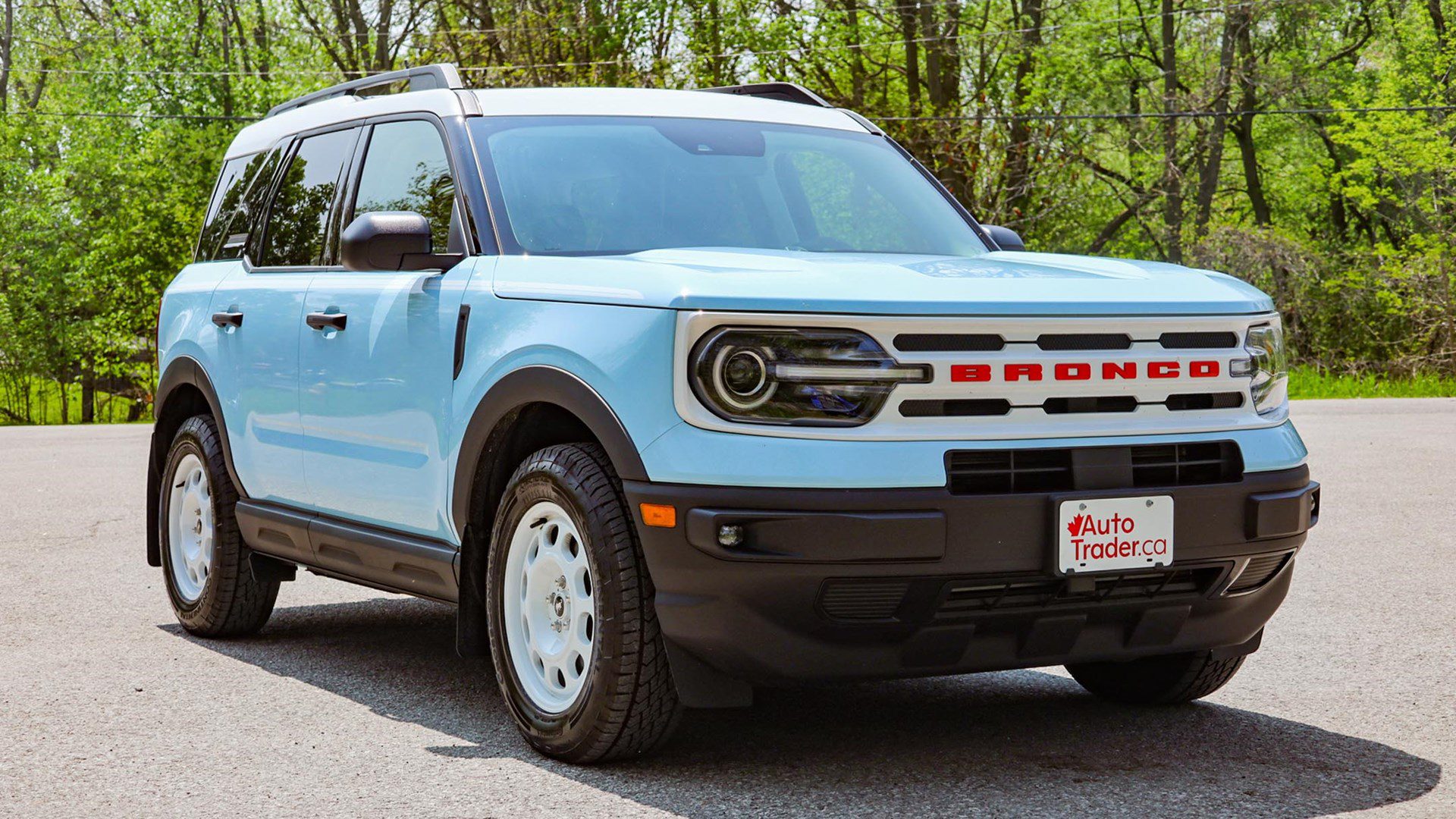 Front-angled view of a blue 2023 Ford Bronco Sport Heritage Edition
