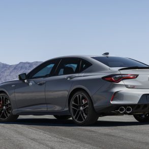 Three-quarter rear view of a 2023 gray Acura TLX Type S