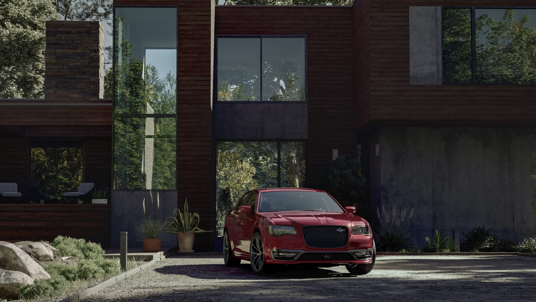 Front view of a 2023 red Chrysler 300C