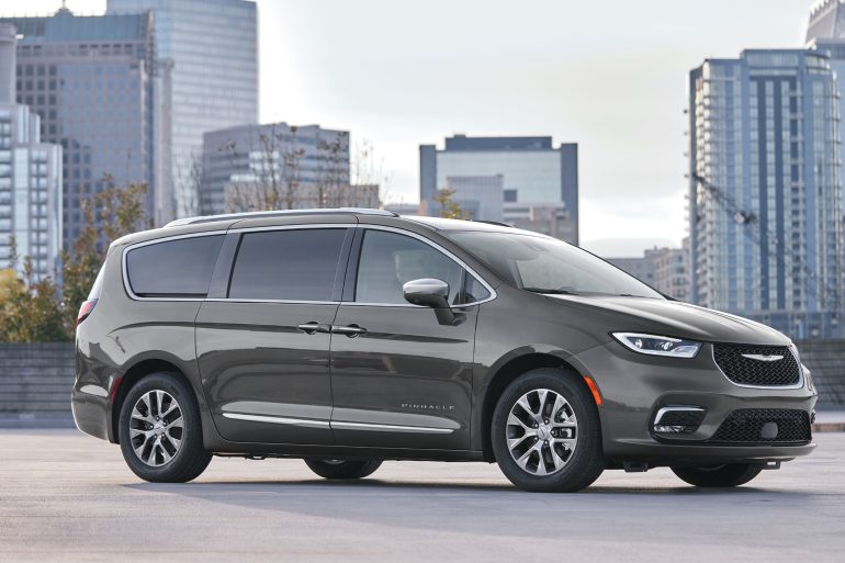 Side angle of a 2023 gray Chrysler Pacifica PHEV