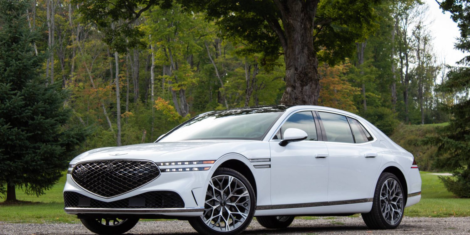Front-angled view of a white 2023 Genesis G90