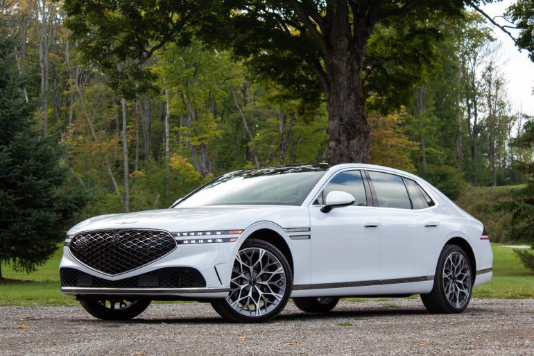 Front-angled view of a white 2023 Genesis G90