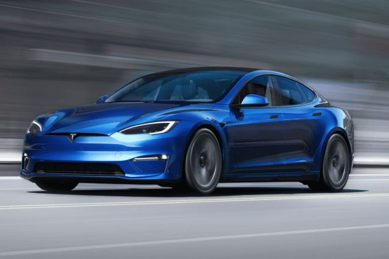 Front-angled view of a blue Tesla Model S