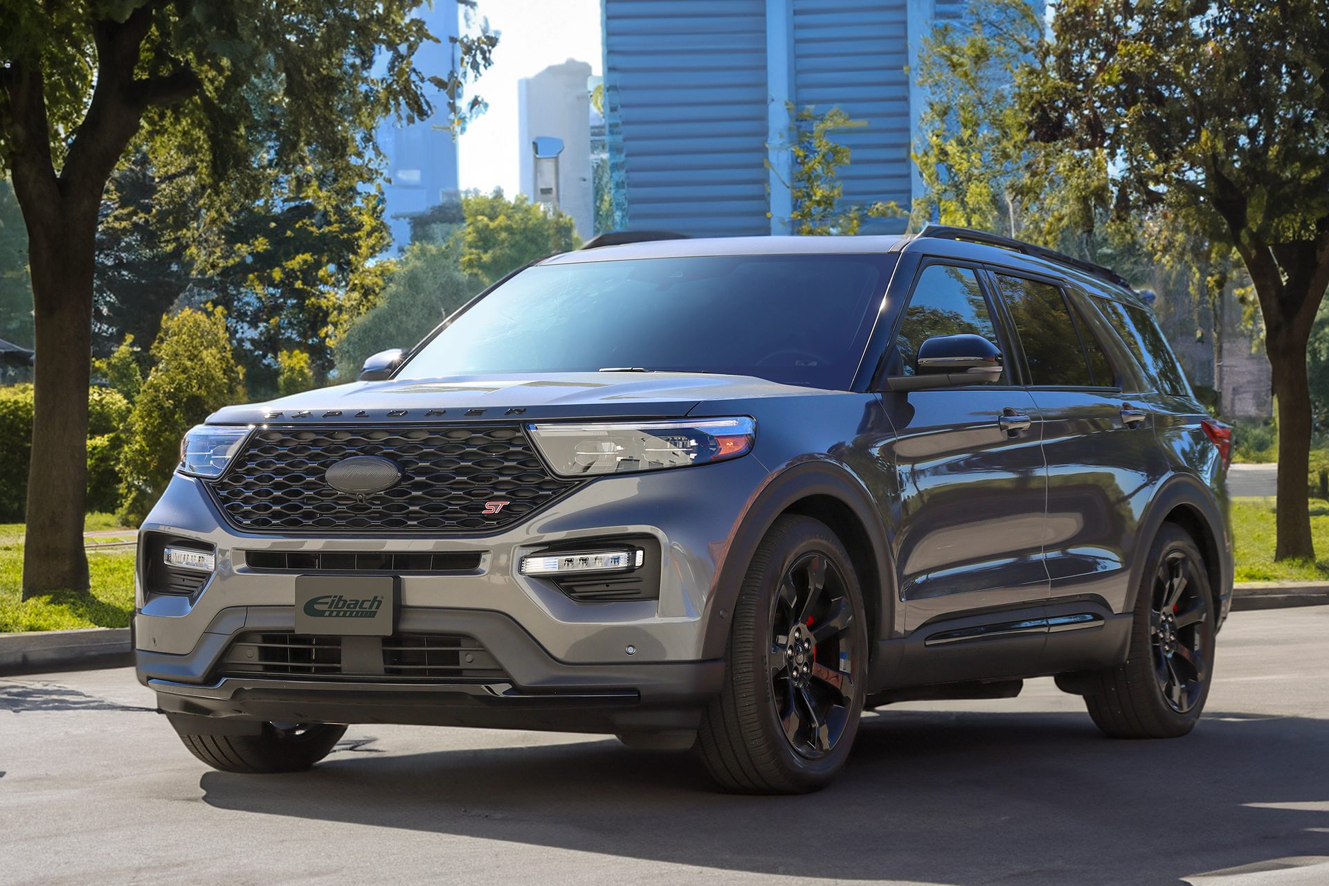 Front-angled view of a grey 2023 Ford Explorer ST