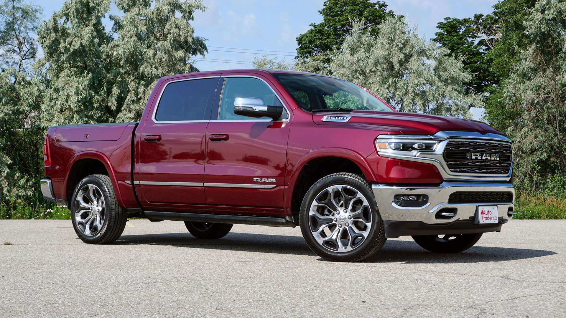 Front-angled view of a red RAM 1500 Limited Edition