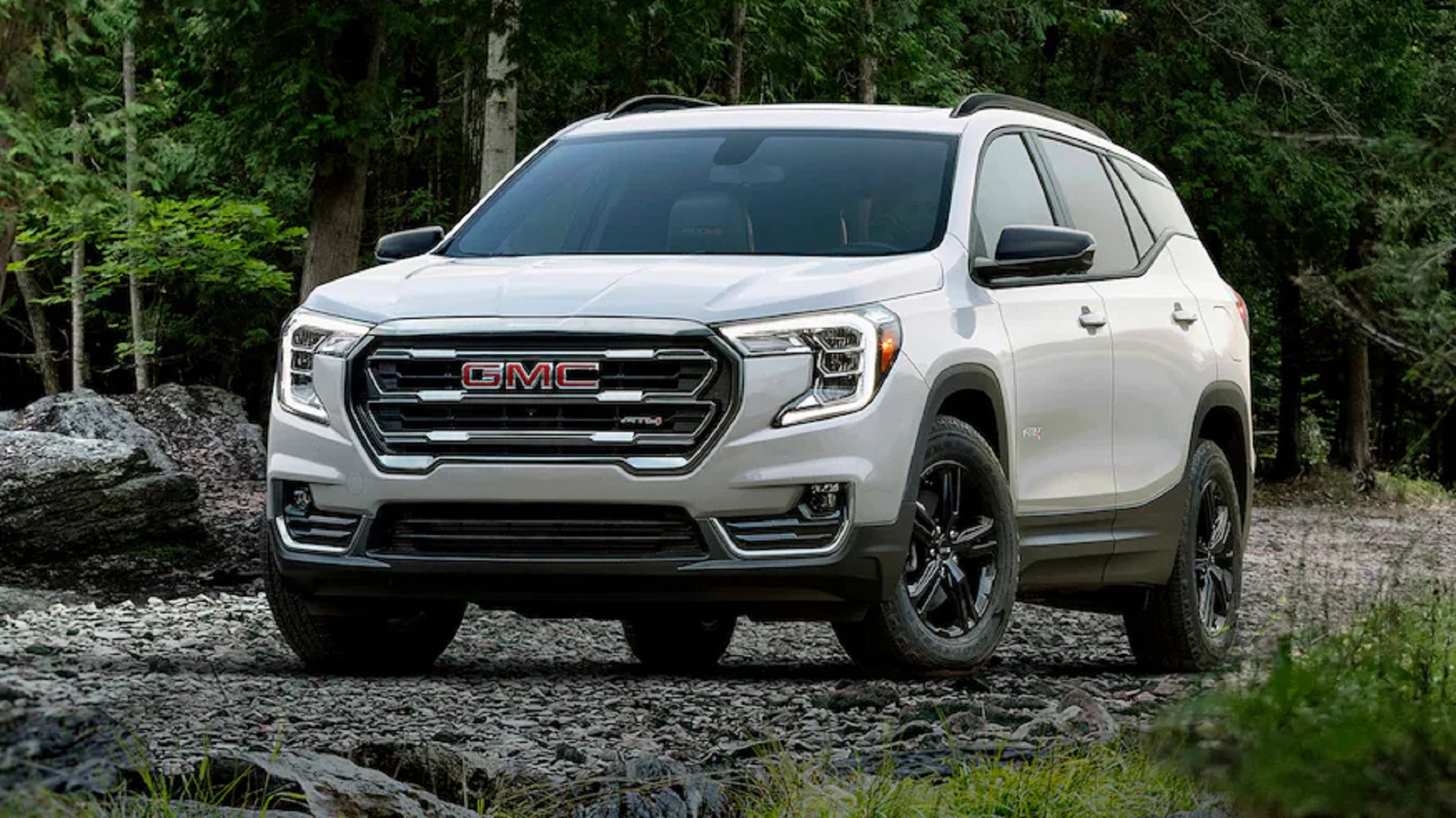 Front-angled view of a white 2024 GMC Terrain