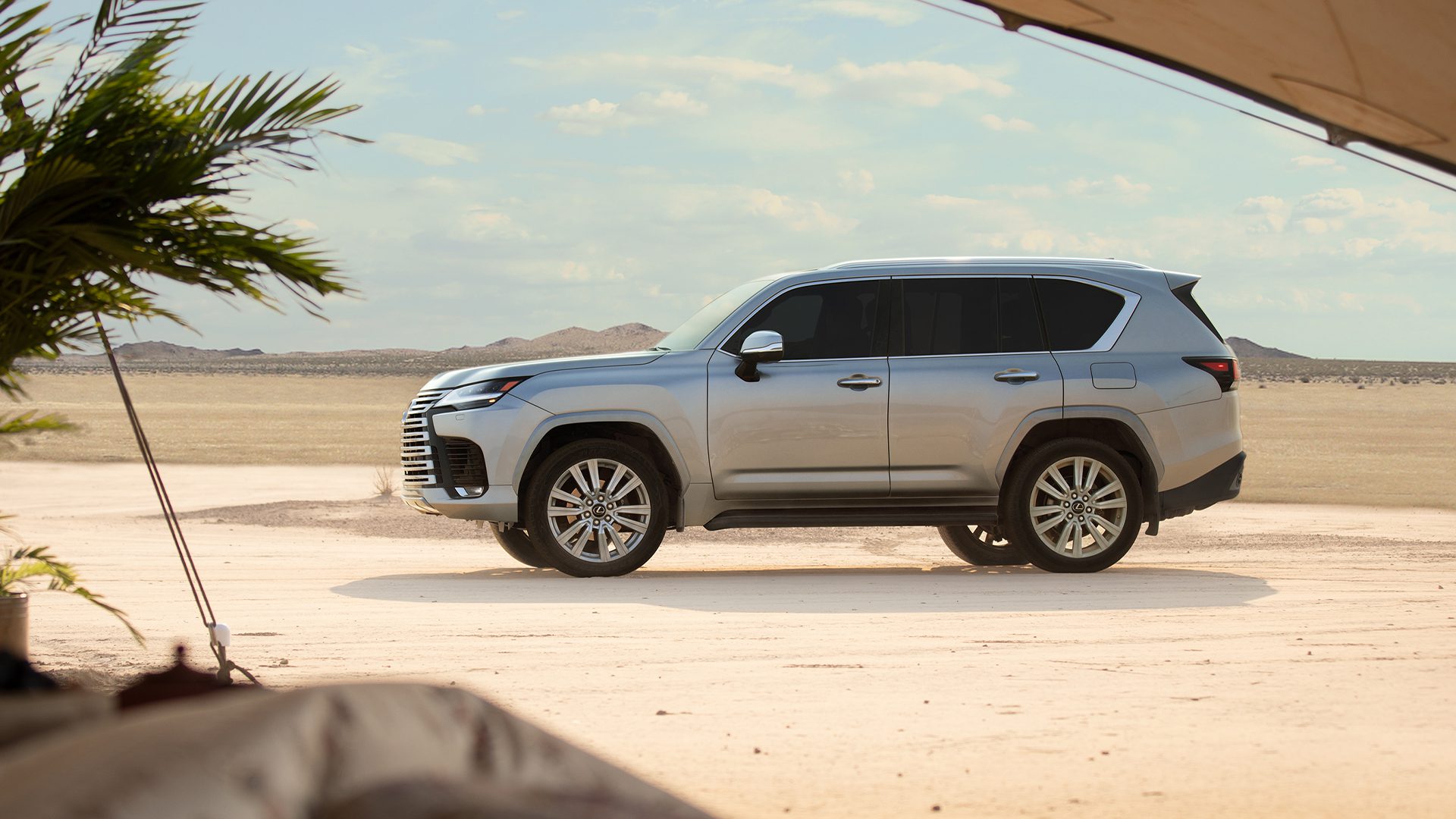 Side view of a 2024 silver Lexus LX 600
