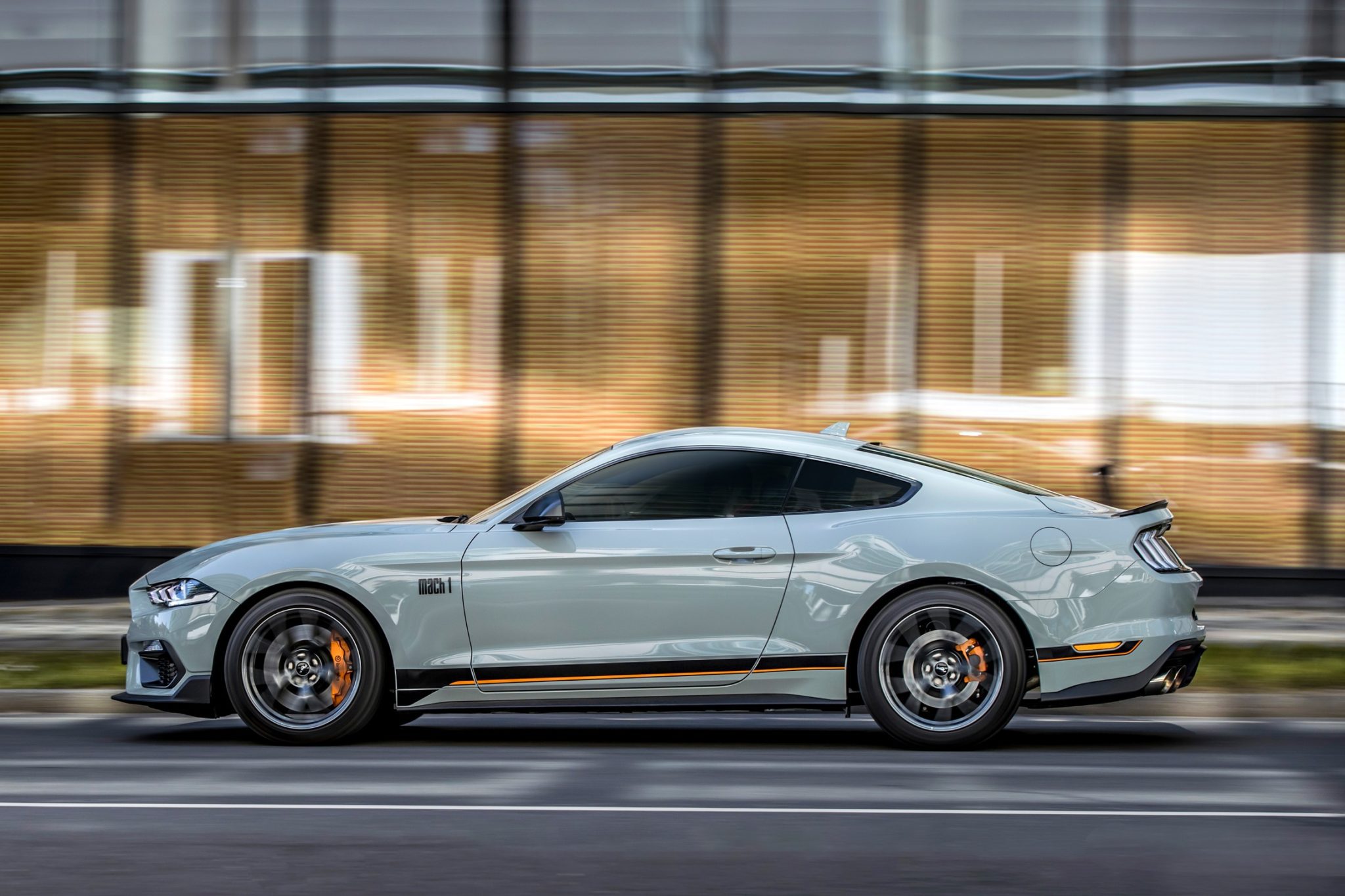 Side view of a 2024 grey Ford Mustang Mach 1