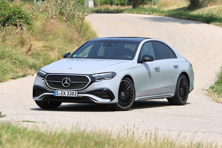 Front-angled view of the 2024 Mercedes Benz E450 4MATIC Sedan.