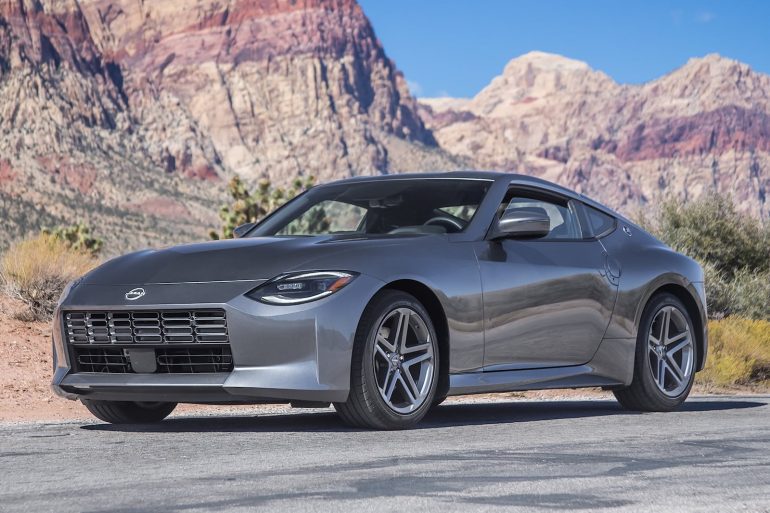 Front-angled view of a Grey Nissan Z sports car