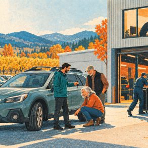 Risograph-style illustration of a dealer's front line in an autumn valley: a salesperson shows a used Subaru Outback to a retired couple while a technician rolls tyres toward the service door and a loan officer works in an upstairs window.