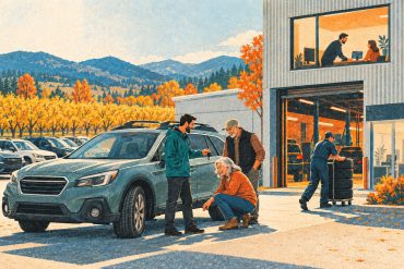 Risograph-style illustration of a dealer's front line in an autumn valley: a salesperson shows a used Subaru Outback to a retired couple while a technician rolls tyres toward the service door and a loan officer works in an upstairs window.