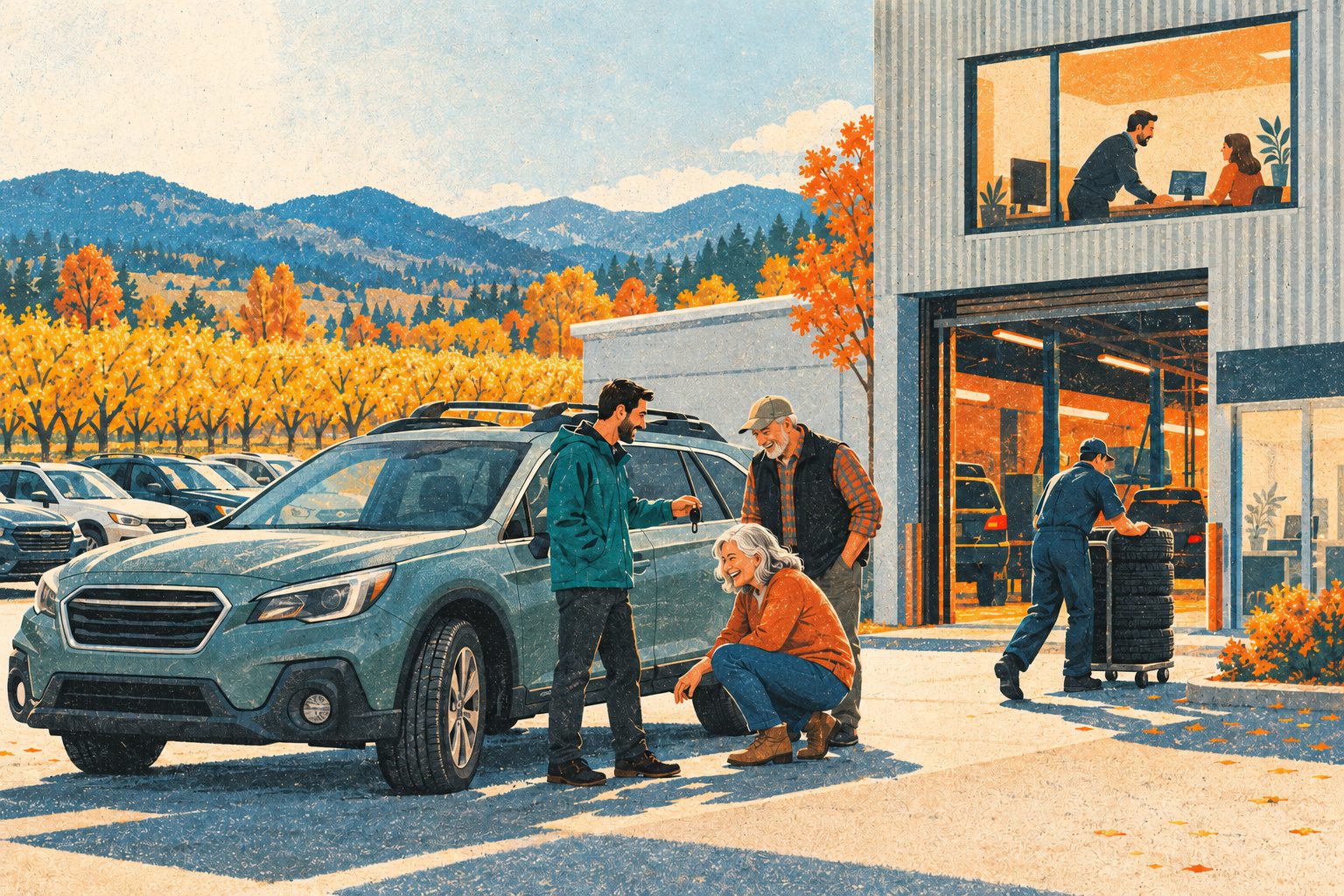 Risograph-style illustration of a dealer's front line in an autumn valley: a salesperson shows a used Subaru Outback to a retired couple while a technician rolls tyres toward the service door and a loan officer works in an upstairs window.